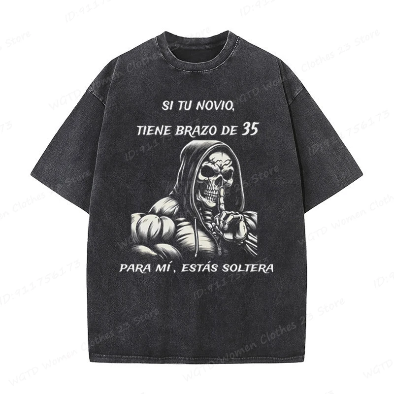 Skeleton & Calacas Chidas Gym Oversized T-Shirts For Men Cool Skeleton Gym Print Washed Tshirt Summer Tees Funny Streetwear Tops