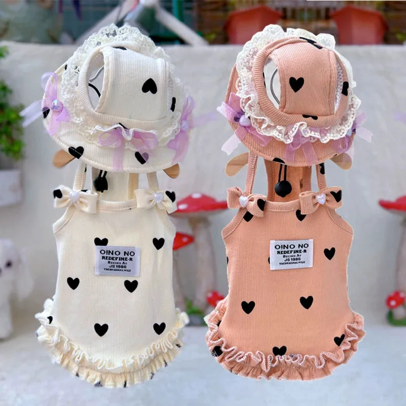 

Kawaii Pastel Pet Sundress Set | Heart Print Ruffle Dog Dress with Lace Trim Hat for Spring & Summer