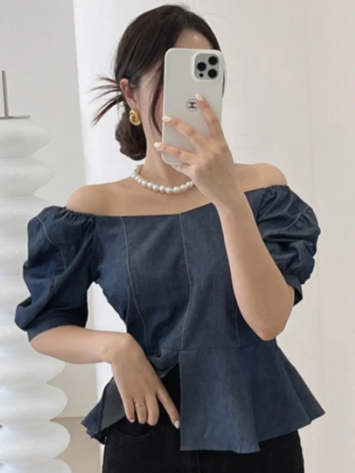 

Retro Floral Trim Denim irt Women's Summer New Waist Cinching Slim ort Sve One oulder Top Commute Pure Color Bubble ...