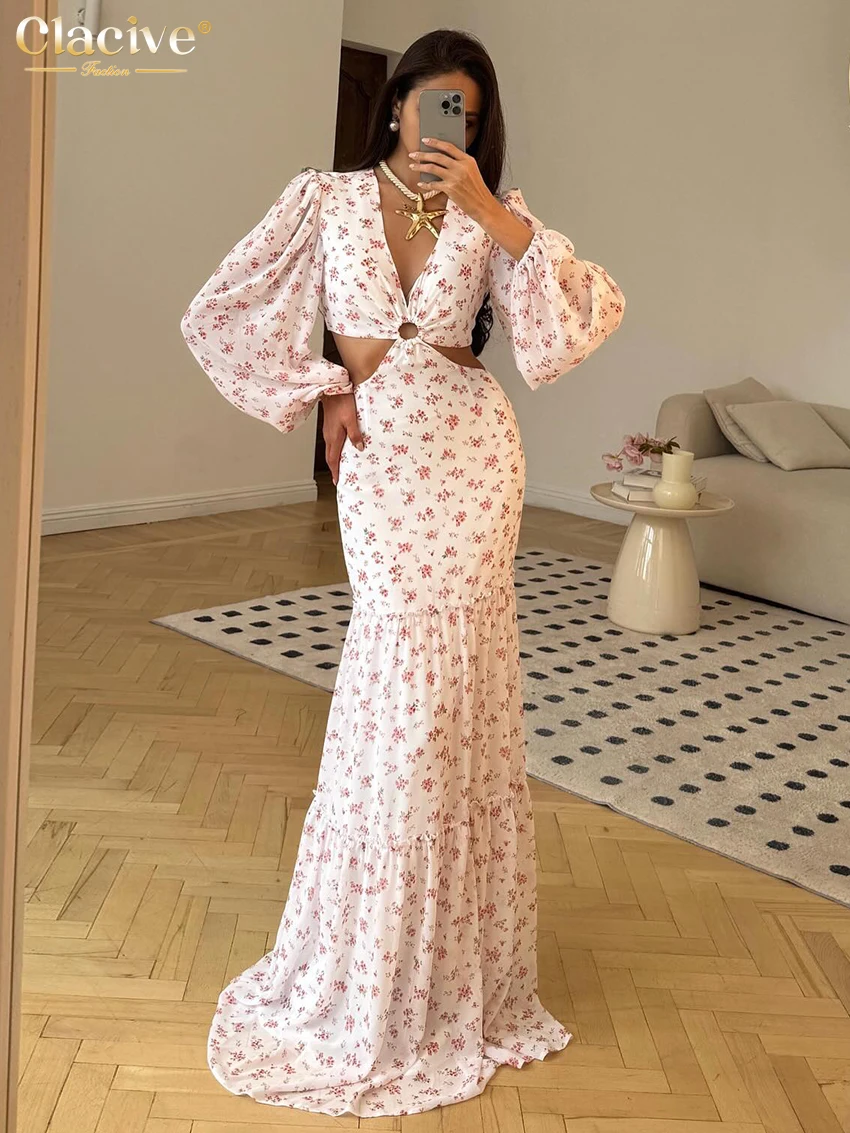 

Clacive Sexy Loose Print Women's Dress 2025 Fashion V-Neck Long Sleeve Maxi Dresses Elegant Classic Hollow Out Female DressClaci