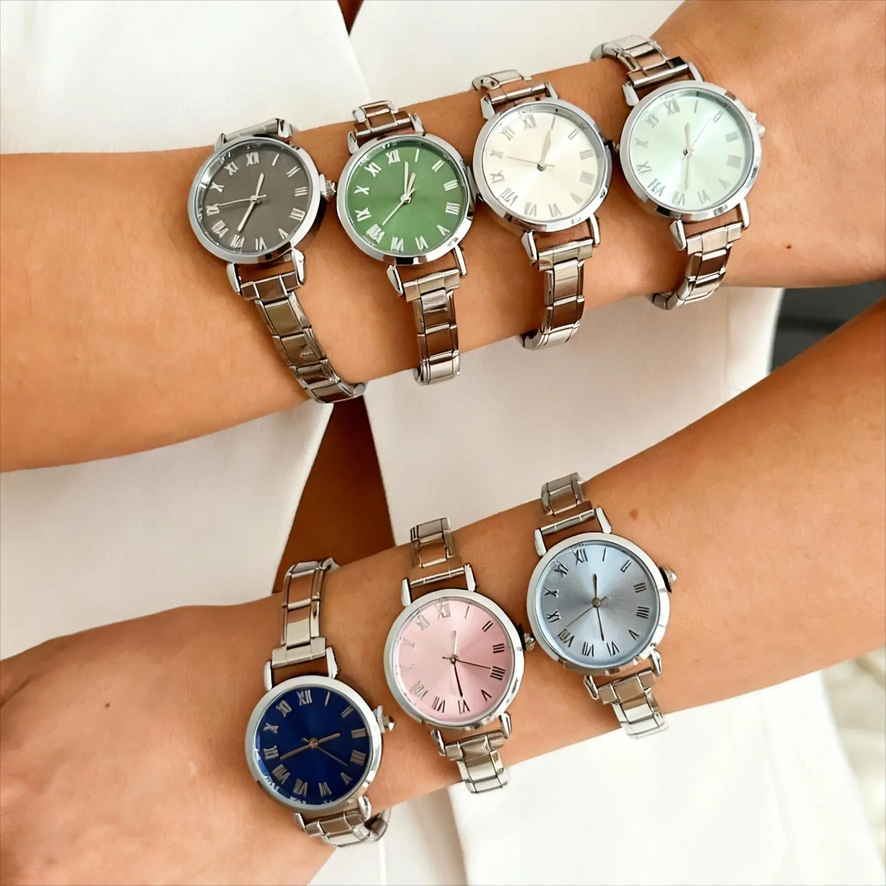 Fashion Ladies Analog Watch Colorful Round Dial Interchangeable Steel Module Strap Casual Daily Waterproof Women DressWristwatch