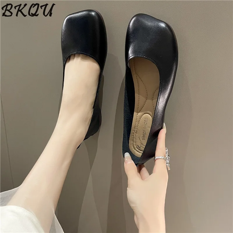 BKQU 2024 Summer New Bean Shoes Women Flat Simple Casual Square Head Soft Sole Lazy Slip-on Mary Jane Mule Shoes