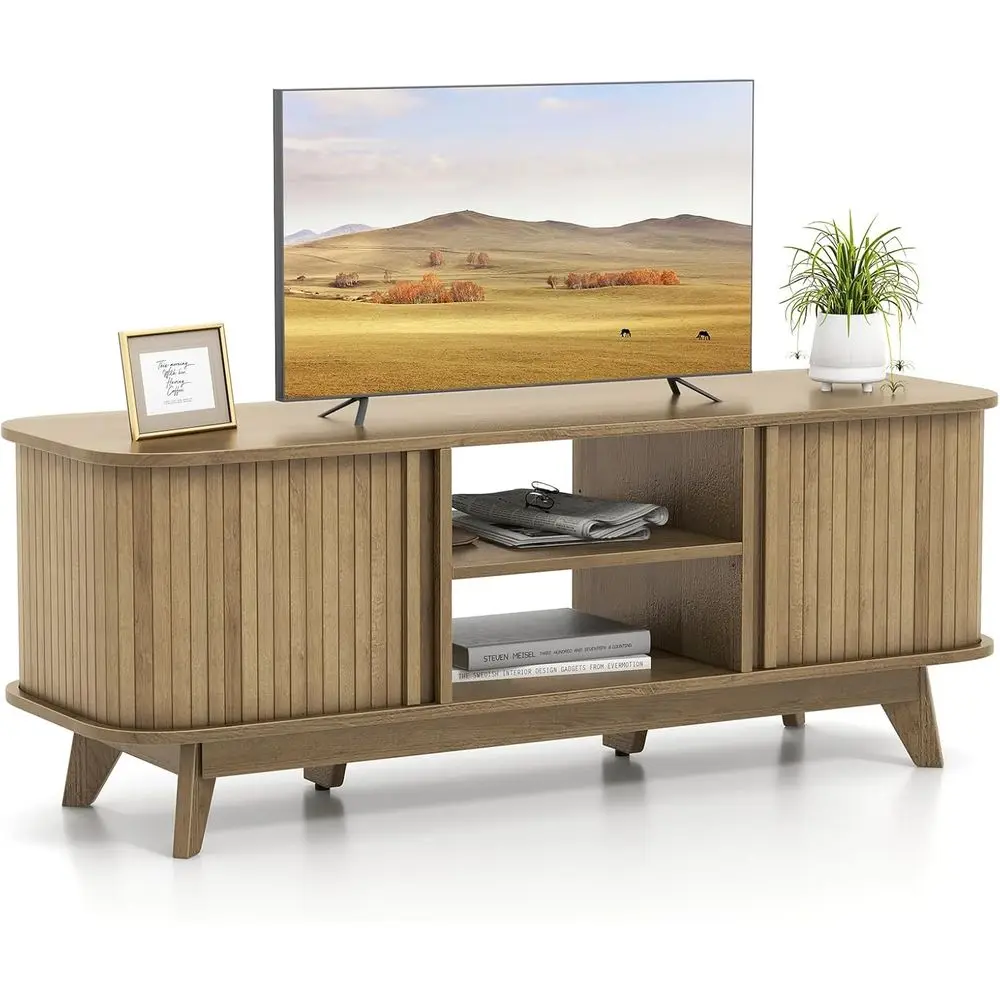 Oak TV Stand with Sliding Doors and Open Shelves for 55 Inch TVs and Home Entertainment Systems