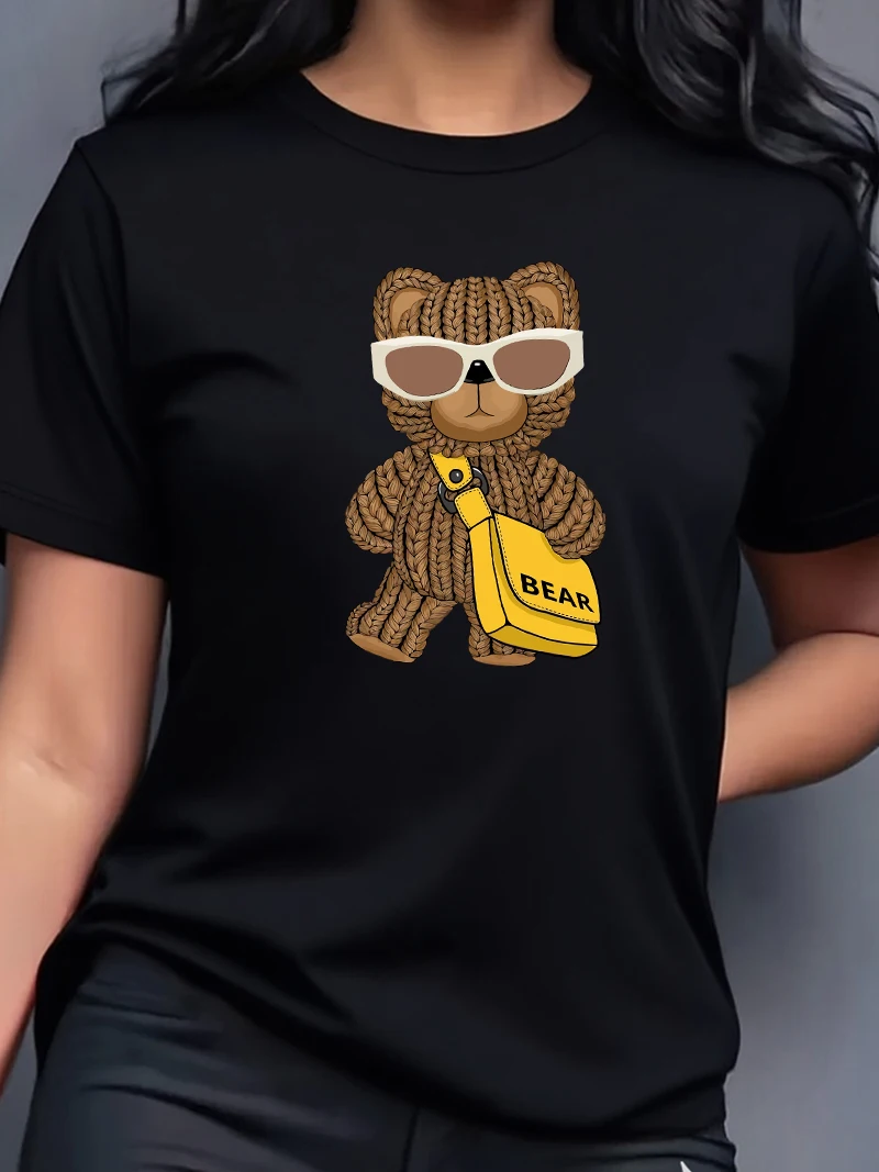 

Женская летняя футболка из 100% хлопка, модная повседневная свободная футболка с принтом медведя, спортивная футболка с круглым вырезом и коротким рукавом с буквенным принтом