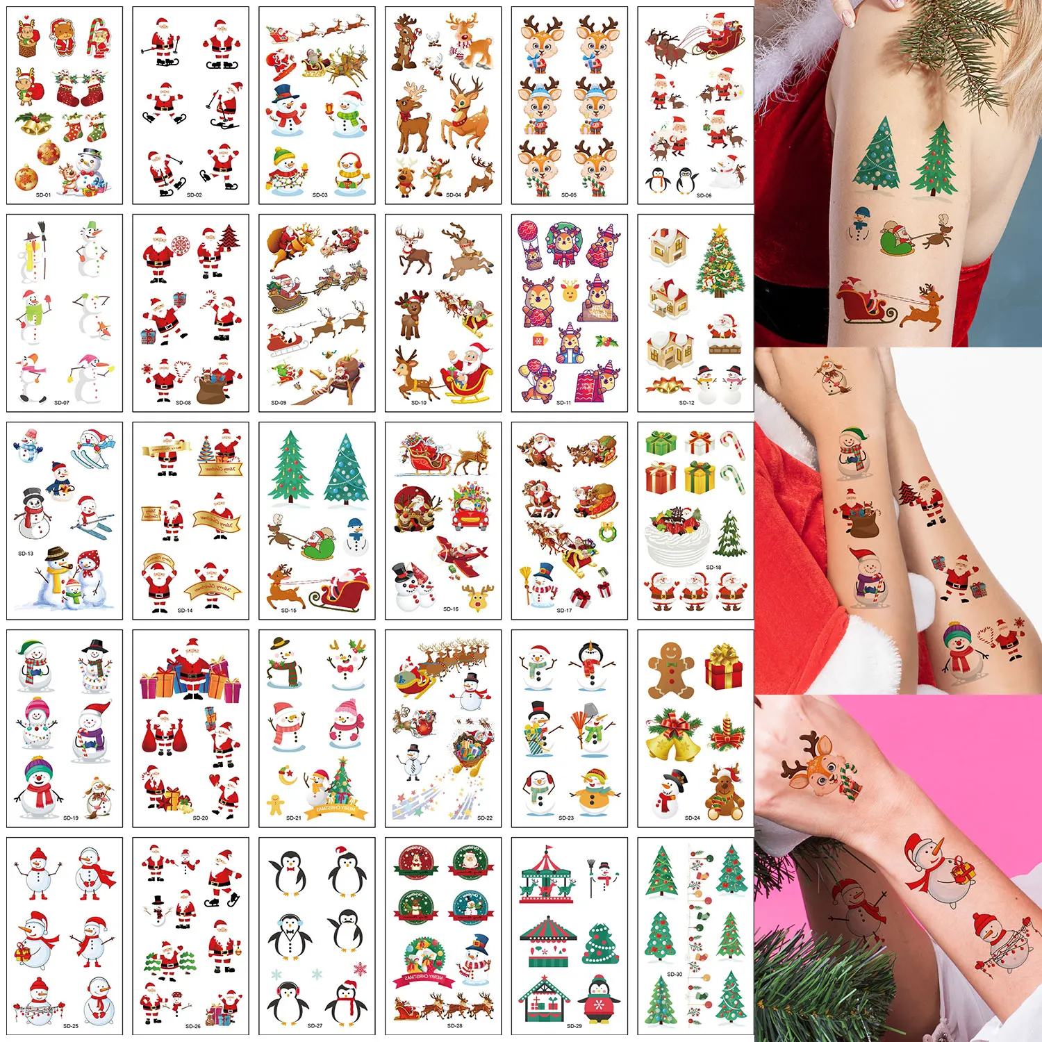 

30 Christmas Element Series Pattern Temporary Tattoo Stickers, 210 Cartoon Santa Claus Christmas Tree Christmas Snowman Elk Pattern Fake Tattoo Stickers, Fun Cartoon Christmas Art Decoration Stickers, Waterproof and Lasts for 2-5 Days, Suitable as a Chris