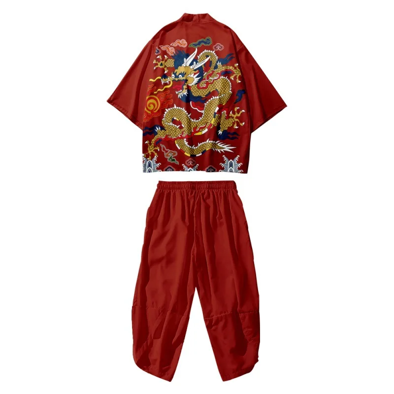 

Japanese Samurai Cardigan Dragon Print Two-piece Suit Yukata Women Harajuku Kimono Traditional Men Cosplay Haori Clothing