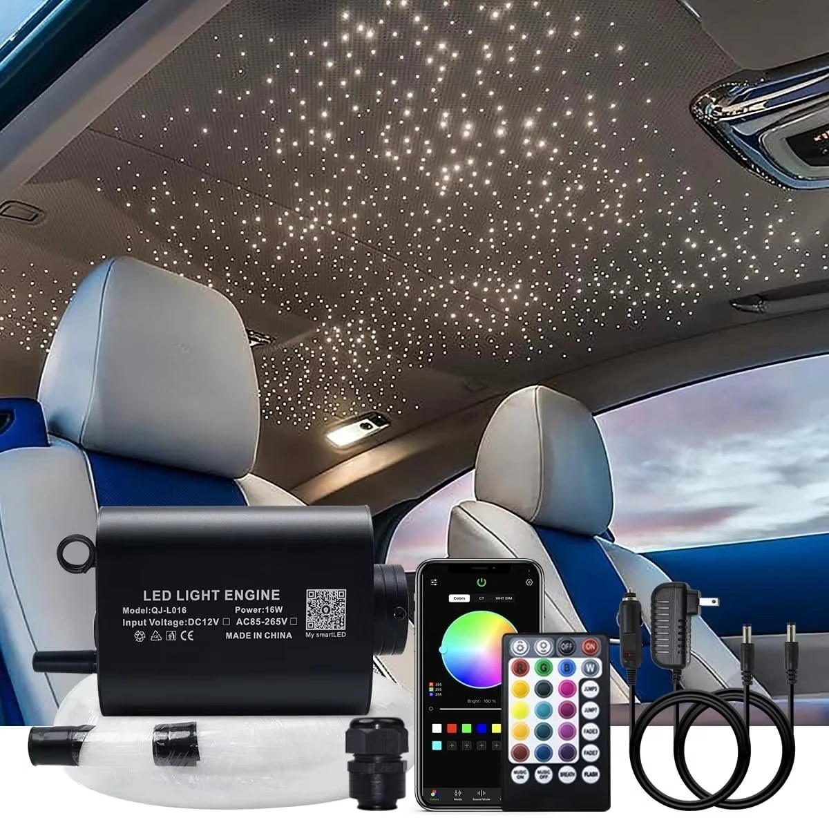 16W RGBW Twinkle Starry Sky Car Roof Star Ceiling Light Kit Music Control Bluetoothapp Car Interior Fiber Optic Ambient Lamp