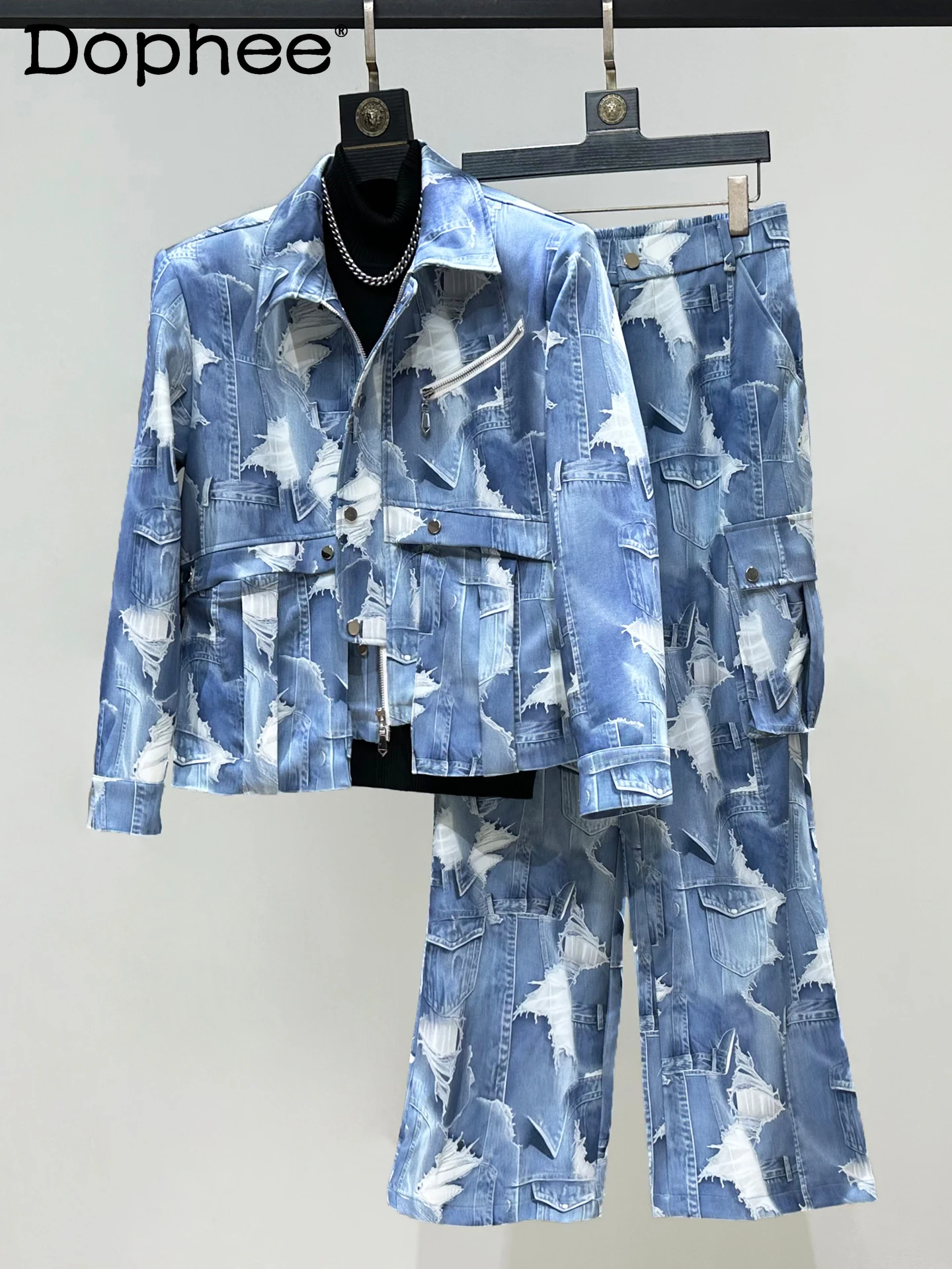 

2025 New Japanese Original Denim Print Patchwork Jacket Set for Men Stylish Short Jacket with Straight-Leg Pants