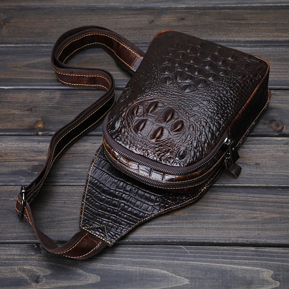 Men Cross body Sling Backpack Chest Bag Genuine Leather Crocodile Pattern Travel Real Cowhide Male Shoulder Messenger Side Bag