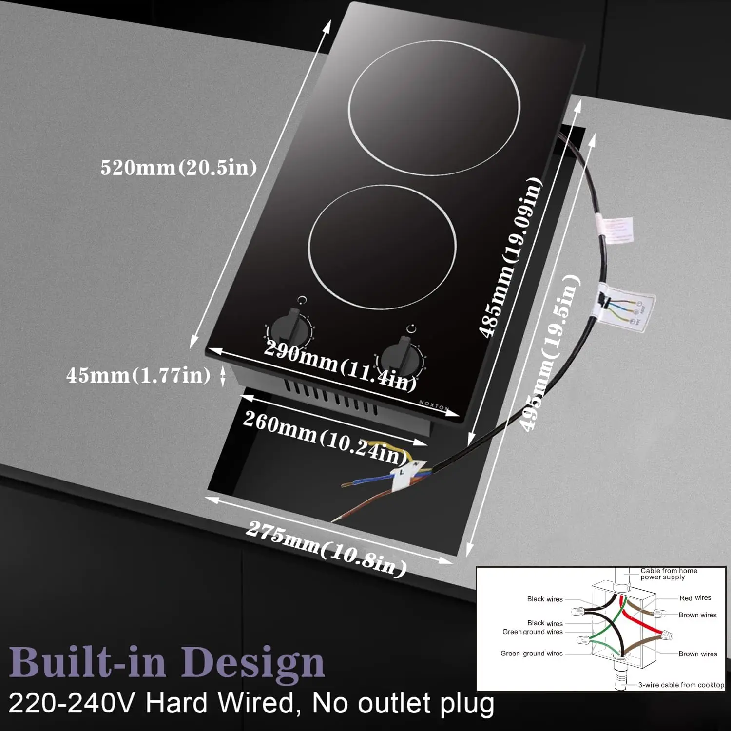 نوكستون 110 فولت موقد سيراميك كهربائي 2 شعلة، توصيل 12 بوصة، 2000 وات، استخدام مدمج أو عداد، 9 مستويات طاقة، تحكم في المقابض