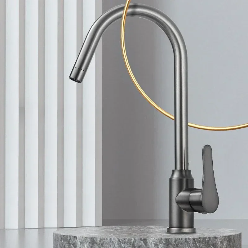 

Single Hole 360 Degree Rotation Vertical Curved Hot Cold Water Mixer Tap Kitchen Sink Stainless Steel Faucet With Hose