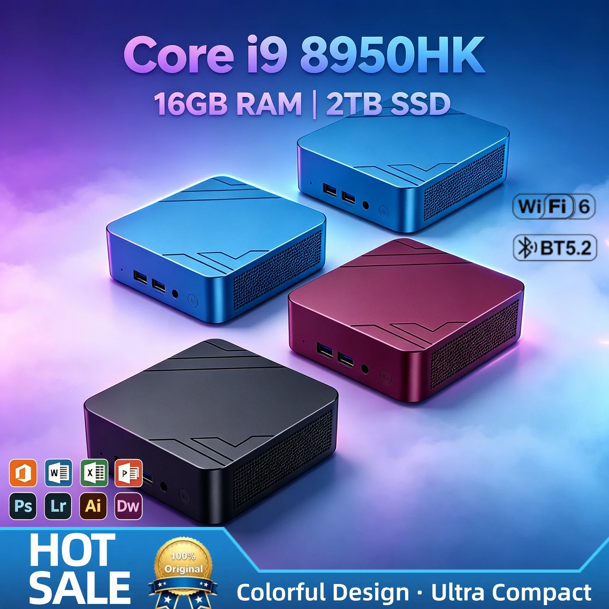 Intel Core i9 8950HK High Speed Mini PC 16GB RAM 2TB SSD Triple 4K Monitor WiFi6 BT5.2 Silent Cooling Office Home Small Computer