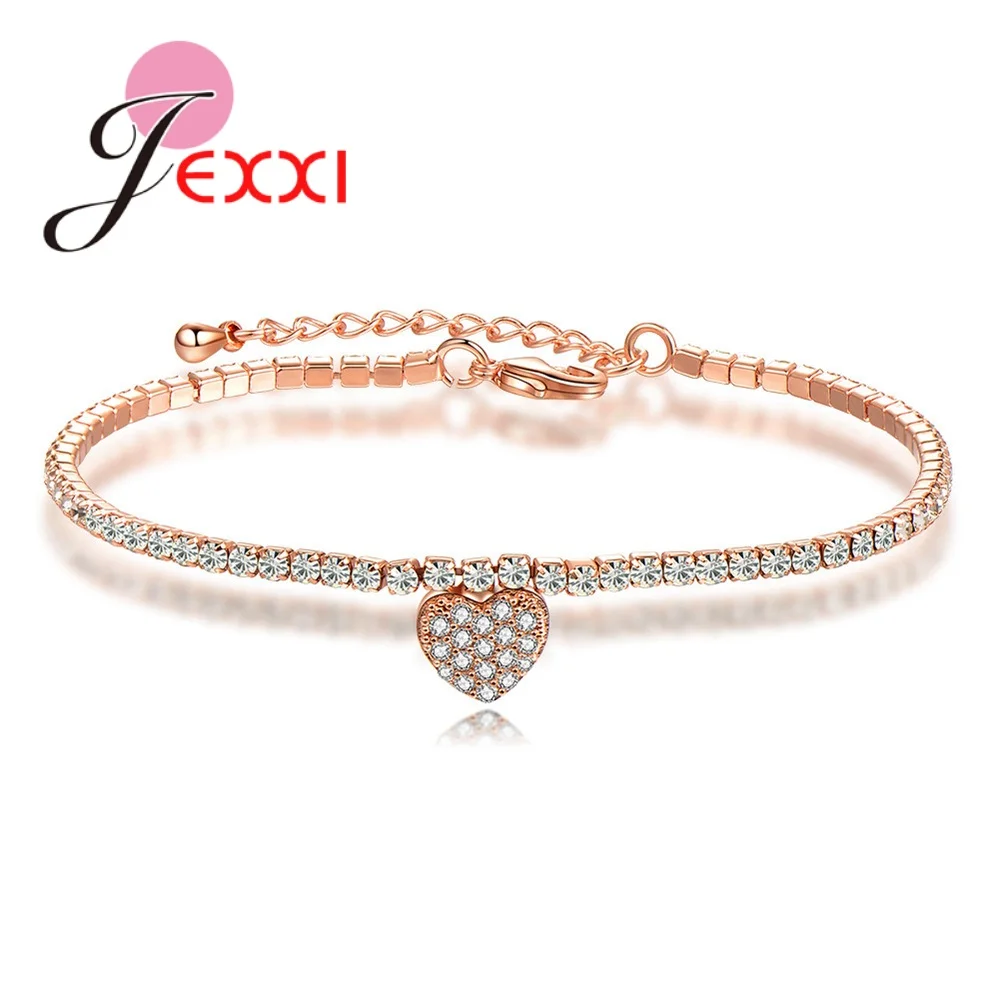 Real Genuine 925 Sterling Silver Color Bracelet Women Heart Shape Korean Style Pendant Bracelet White/Rose Gold For Selection