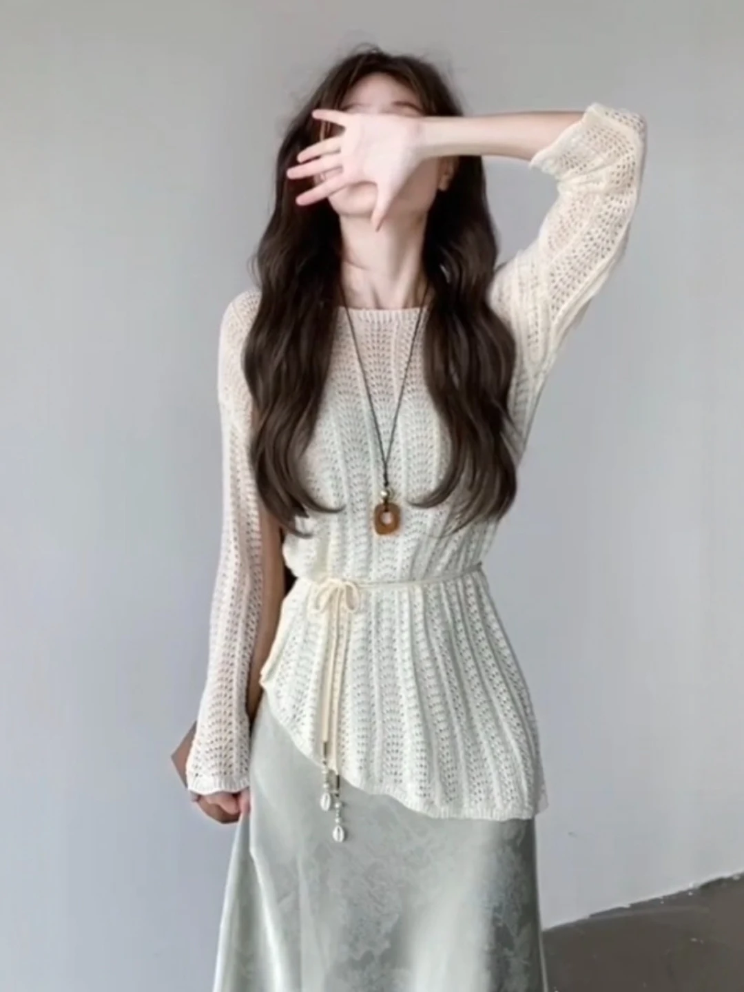 

Женский топ в богемном стиле на весну-лето, ажурный, с запахом, тонкая верхняя одежда, с длинными рукавами, вязаный, для защиты от солнца, свободного кроя, с круглым вырезом