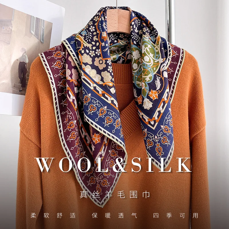 Brand 70% Wool 30% Silk Scarf for Women Shawls Wraps Foulard Elegant Scarves Square Pashmina Female Hijab Bandana Kerchief Hijab