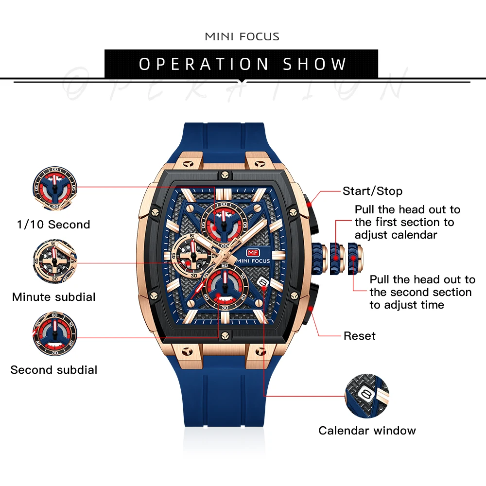 MINI FOCUS النبيذ برميل الهاتفي ساعة رجالية عصرية ليلة توهج الرياضة كرونوغراف في الهواء الطلق كوارتز ساعة اليد هدية الذكور