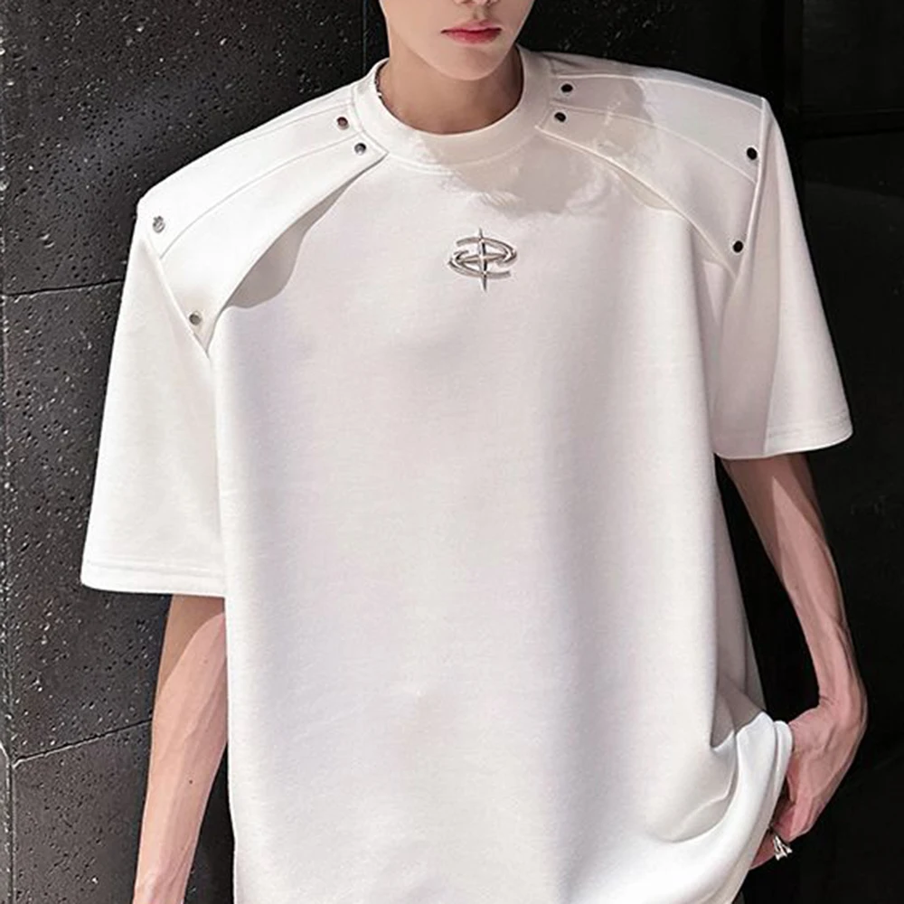 Mens Riveted Shoulder Padded Layered T-Shirt Streetwear Fashion Nightclub Stage Hip Hop Youth Trendy Short Sleeve Top 2026 New