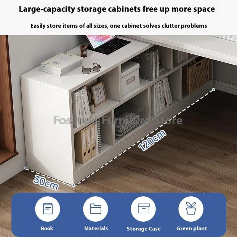 モダンなL字型ホワイトオフィスデスクチェアセット、収納キャビネット付きコーナーライティングゲーミングコンピューターデスクとチェア、ホーム家具