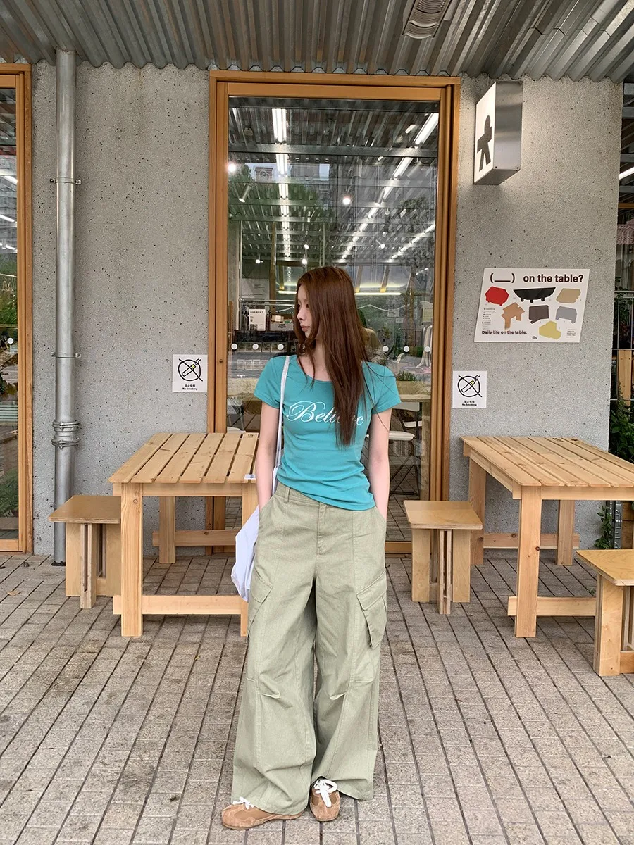 

Женские летние брюки в стиле милитари 2026: Новинка, широкие штанины, американский кэжуал, свободные, с низкой посадкой, прямой крой