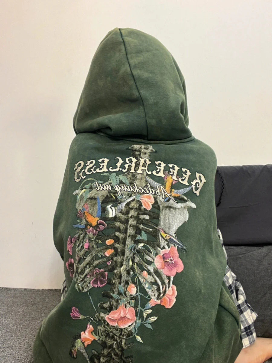 2025 Autumn New American High Street Retro Style Floral Print Loose Soft Oversize Suede Green Hoodie Cotton Black Sweatshirt