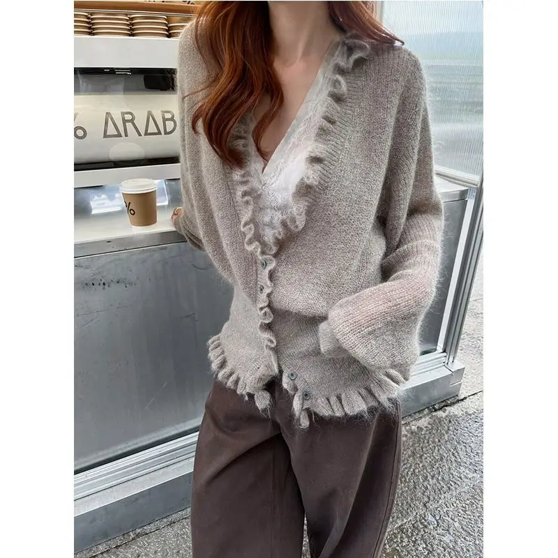 

Korean Style V-neck Ruffled Sweet Long-sleeved Cardigan Women 2026 Spring New High Street Solid Color Casual Knitted Tops
