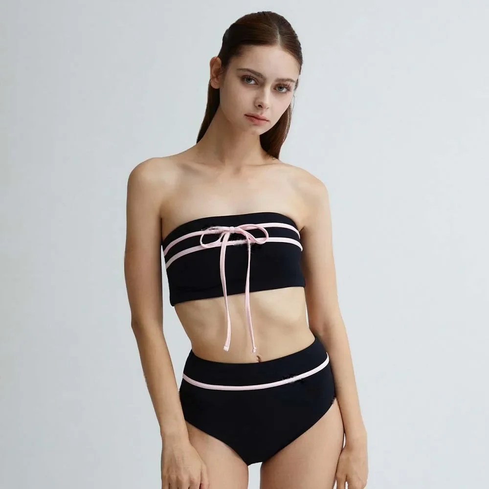 

New Sweet Girl Butterfly Knot Tube Top High Waist Bikini Separate Swimwear Simple Belly Covering Conservative Hot Spring Bikini