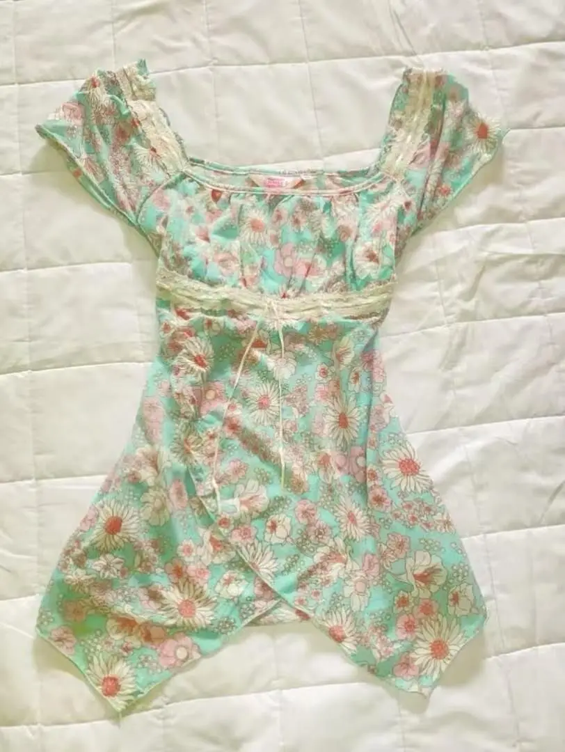 Harajuku T shirt Vintage Clothes 90s Green Flowers Lace Short Sleeve Slim Aesthetic Cute Sweet Girl Camis Y2k Crop Tops T shirts