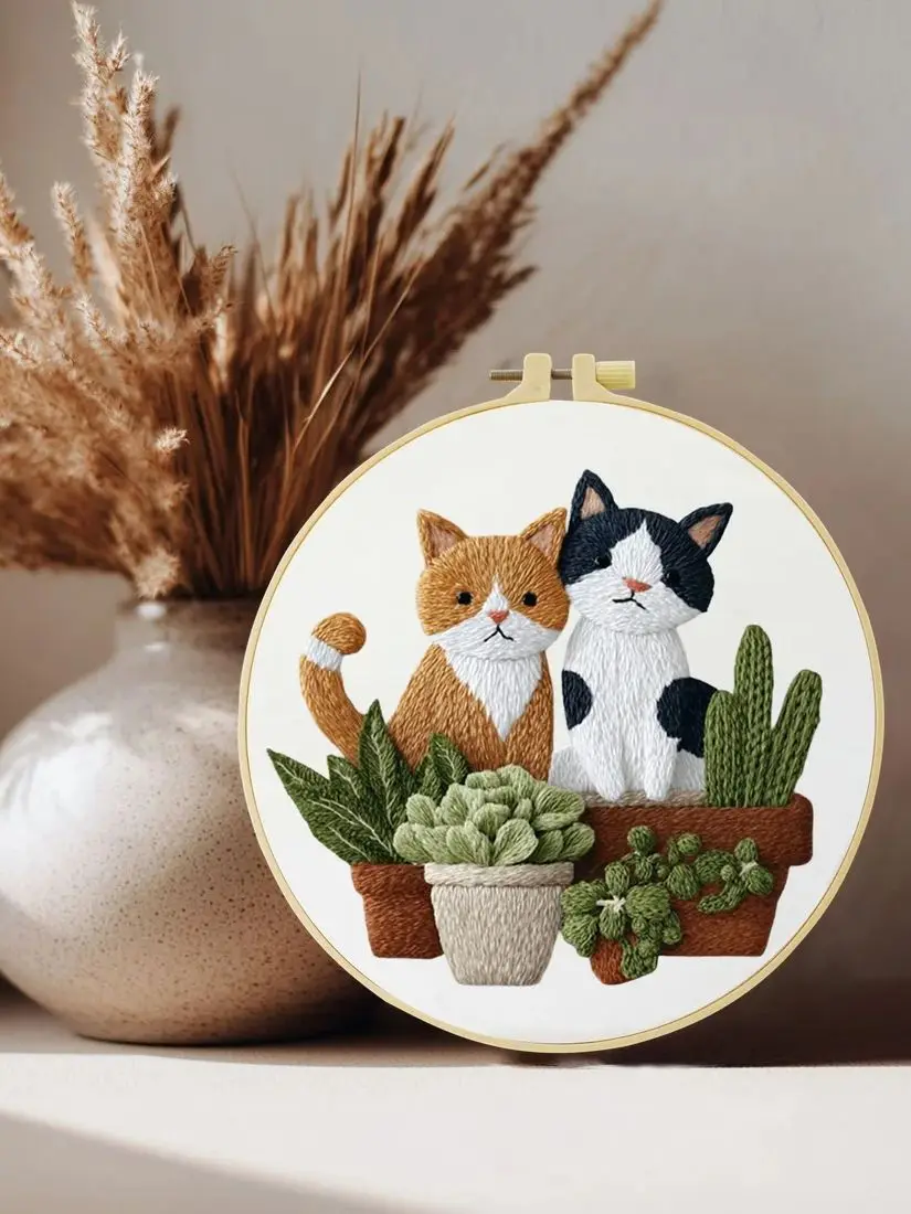1 Stück 20X20CM/15X15CM Katzen und Grünpflanzen Stickerei Starter-Set DIY Kreuzstich Nähkunst als Geschenk – Detail 1