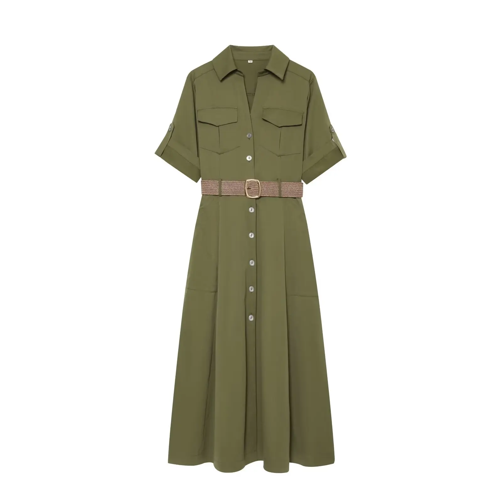 BSAY 2026  Fashion Solid Color Women Short Sleeve Lapel Shirt Dress Front Flap Pockets Belted Waist Elegant Commuter Midi Dress