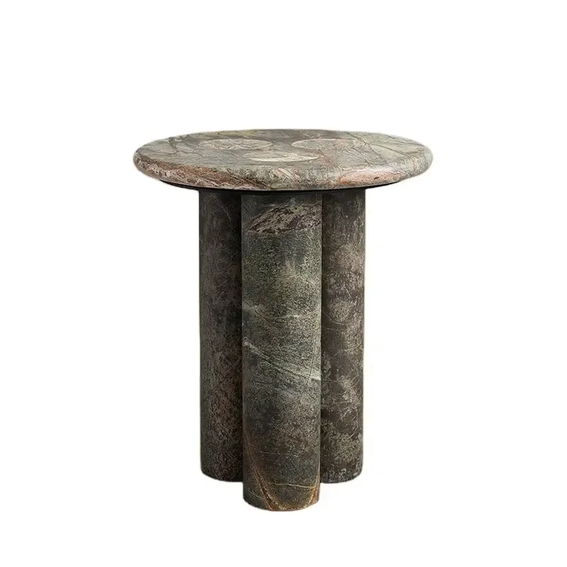 Living Room Furniture Round Forest Green Brown Marble Side Table Bedside Table with Three Column-Style Legs for Home Hotel