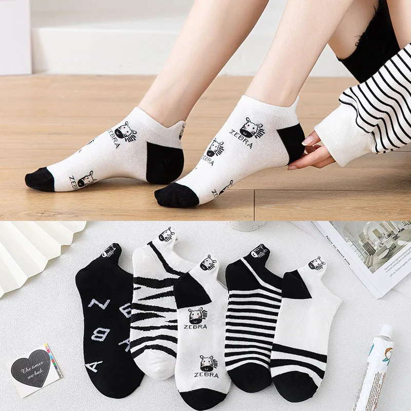 5 Pairs Women Socks Four Seasons Cow Print Cartoon Sock Harajuku Cotton Short Socks Striped Solid Comfortable Casual Ankle Socks