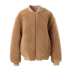 Abrigo de oso de peluche para mujer, chaqueta Bomber de lana Real, abrigo de peluche de Alpaca para mujer, Chaqueta larga, prendas de vestir de moda, piel de oveja femenina, S5041