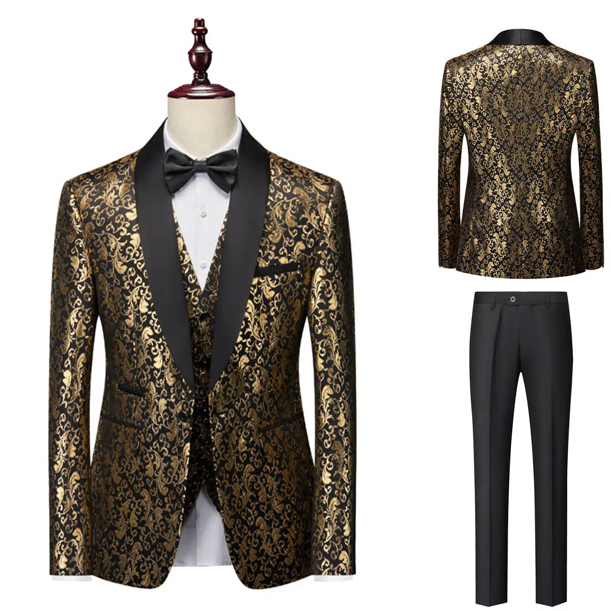 

Golden Print Wedding Men Groom Tuxedos Shawl Lapel Pattern Blazer Custom Made Prom Male White Party Coat Jacket Vest Pants Suits