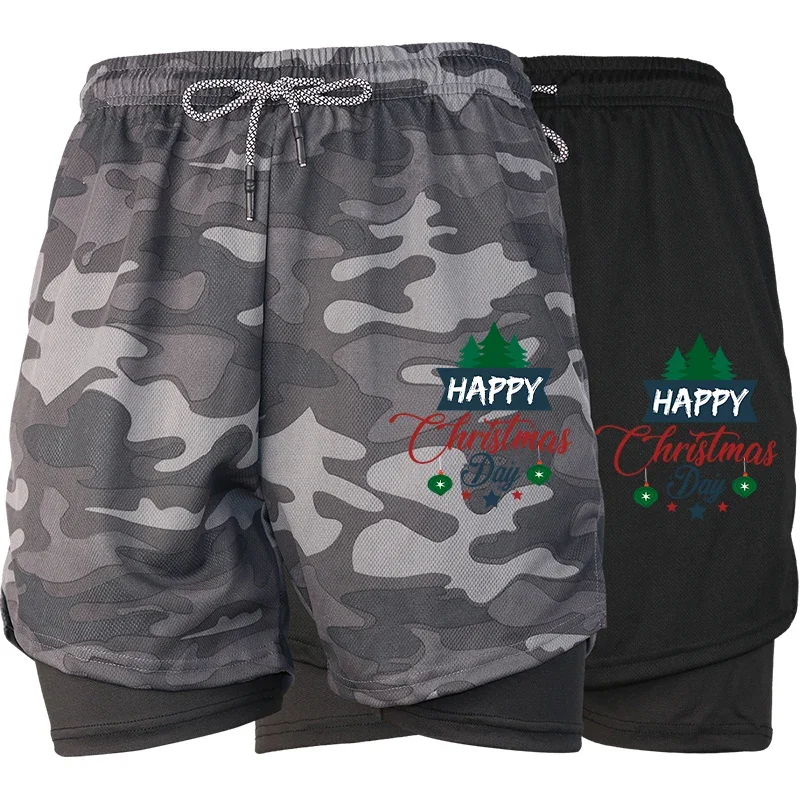 

Летние мужские спортивные шорты 2 в 1, спортивные шорты для бега в тренажерном зале с принтом и карманом для телефона, быстросохнущие, дышащие