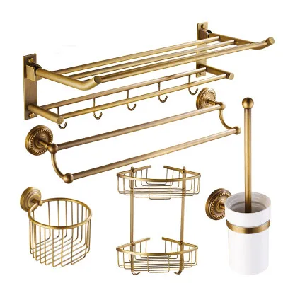 5 Piece suit Brass bathroom accessories shelf, Antique bathroom shelf hooks towel bars set, copper bathroom accessories set