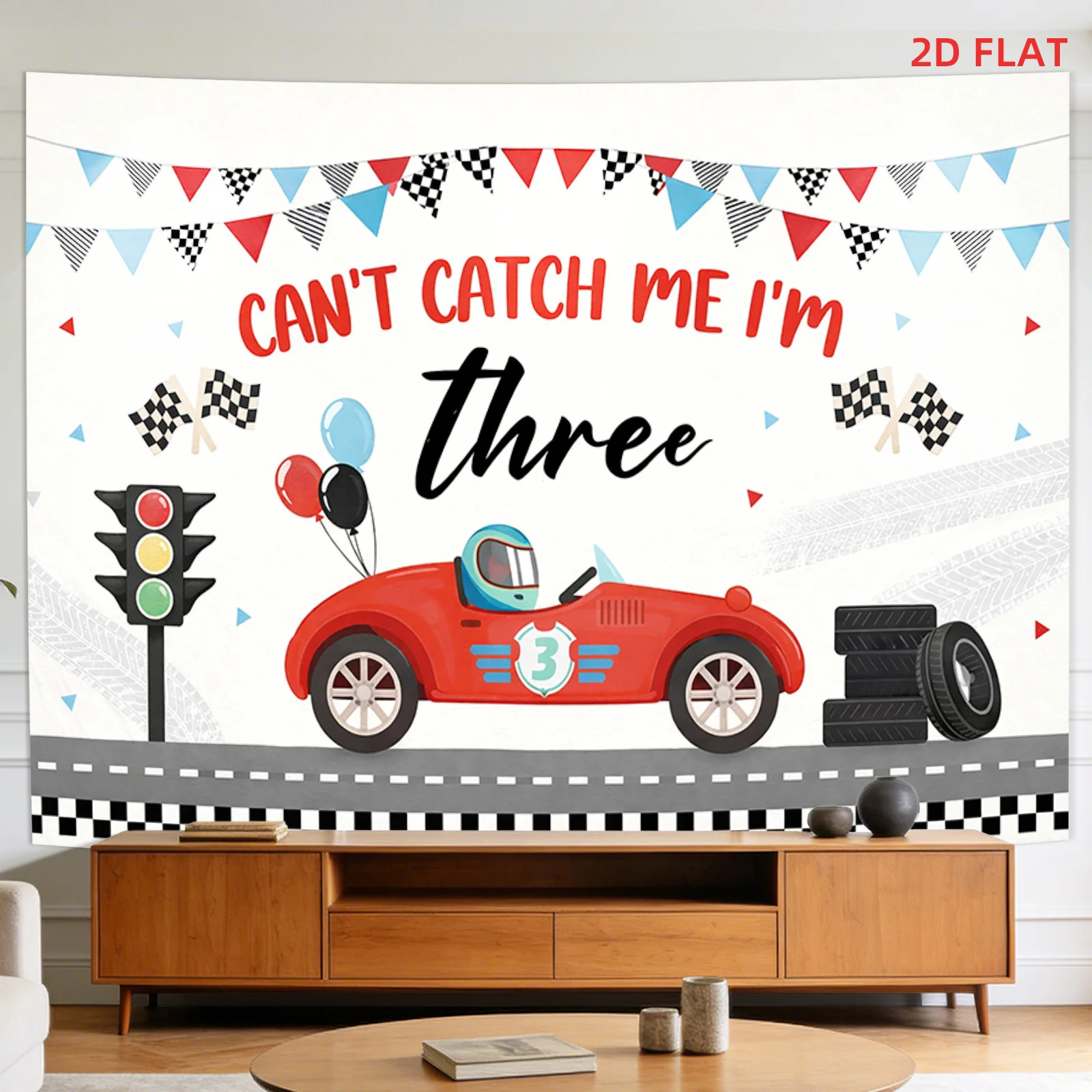 Red Race Car Tapestry Can't Catch Me I'm Three Wall Hanging Kids Racing Birthday Decor Checkered Flag Nursery Art Cloth Boy Room