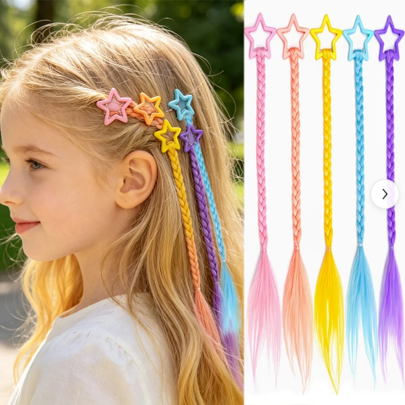 Piezas de cabello trenzado arcoíris sintético 5 piezas pinzas de cabello estrella DIY accesorios para Halloween cumpleaños festival de música