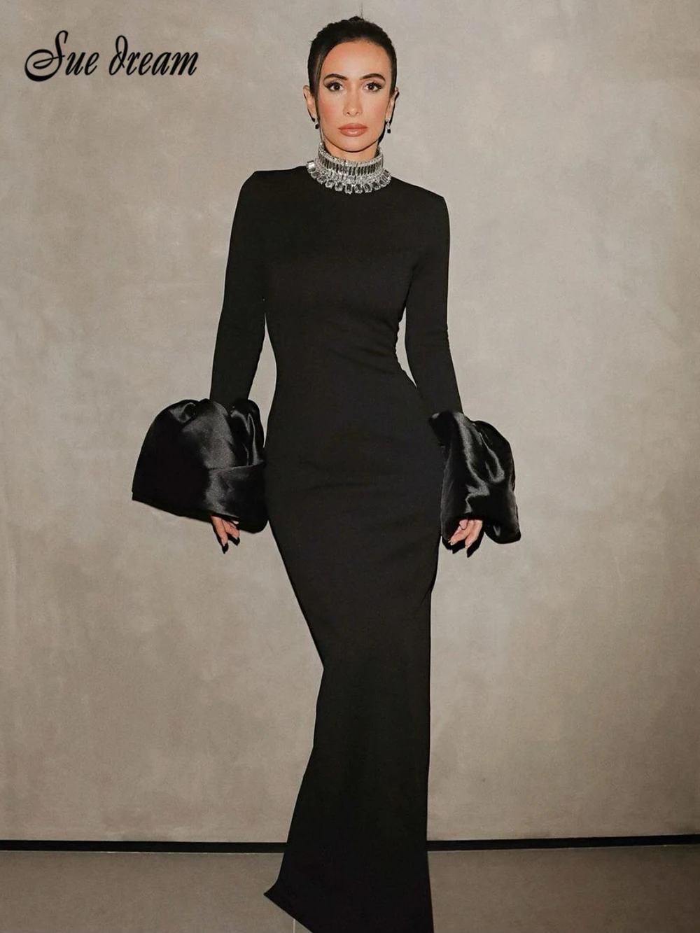 

2023 Autumn/Winter New Women's Black Long sleeved Diamond O-neck Split Bandage Long Dress Bodycon Banquet Party Dress gowns