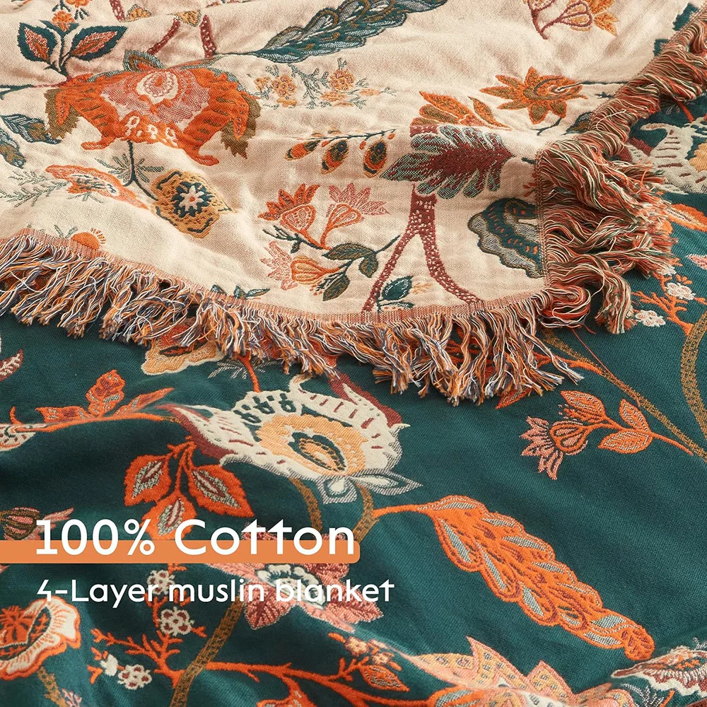 Boho Throw Blanket for Couch and Sofa Cotton Cover for Living Room Floral Throw Cozy Blankets (D-Flower and Butterfly