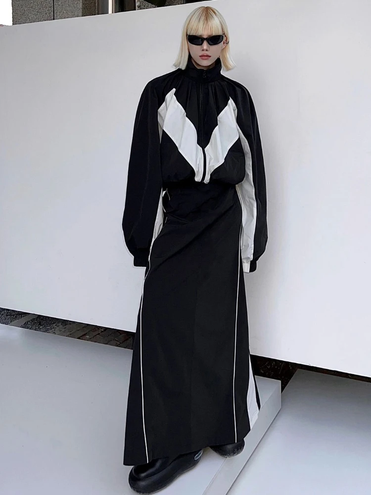 Fashion Leisure Sports Suit Women's Autumn/Winter Stand Collar Black white Stitching Cotton Jacket+A-Line Long Skirt 2-Piece Set