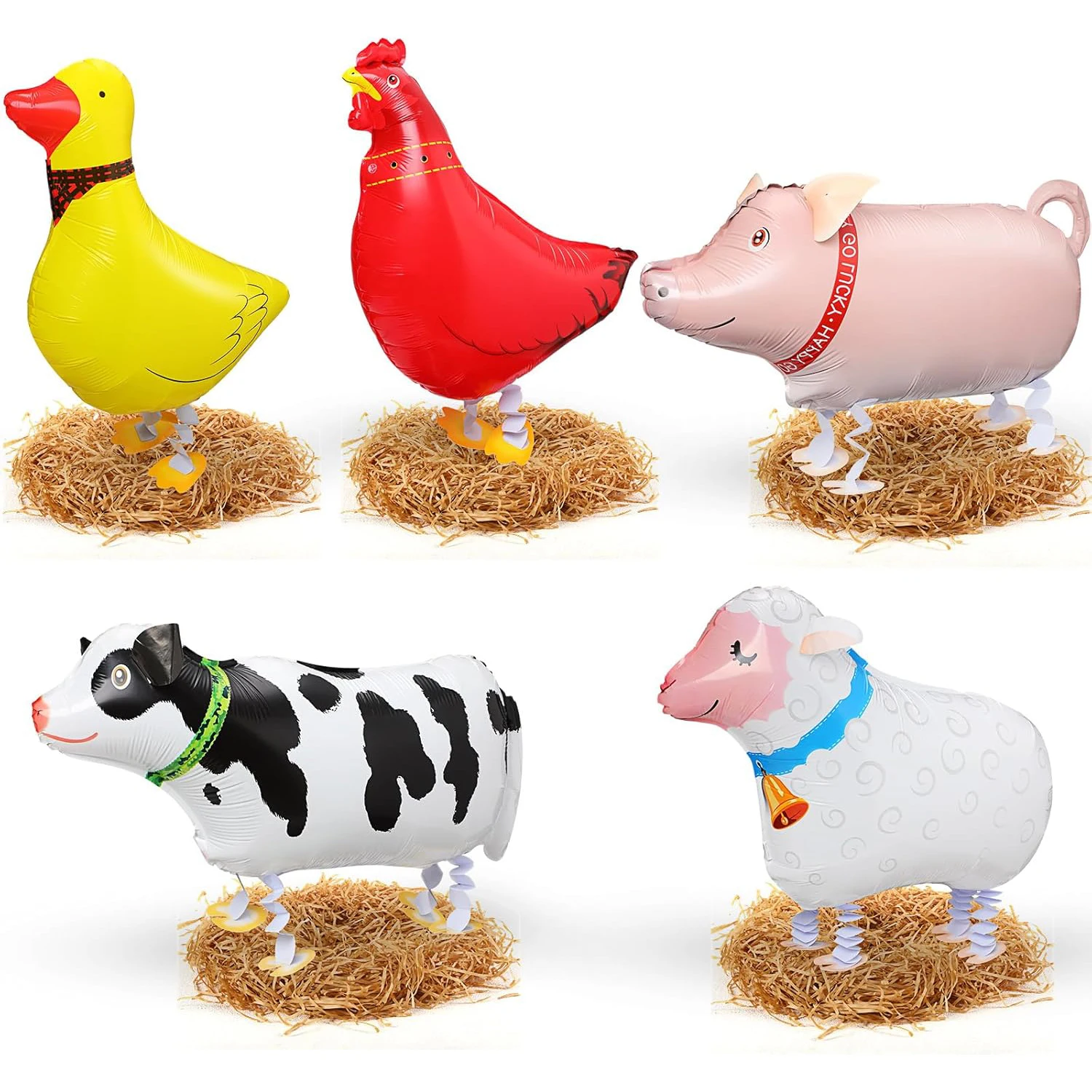 Farm Animal Helium Balloons - Cow Chicken Sheep Pig Duck with Raffia Grass for Birthday Party Decorations view 3