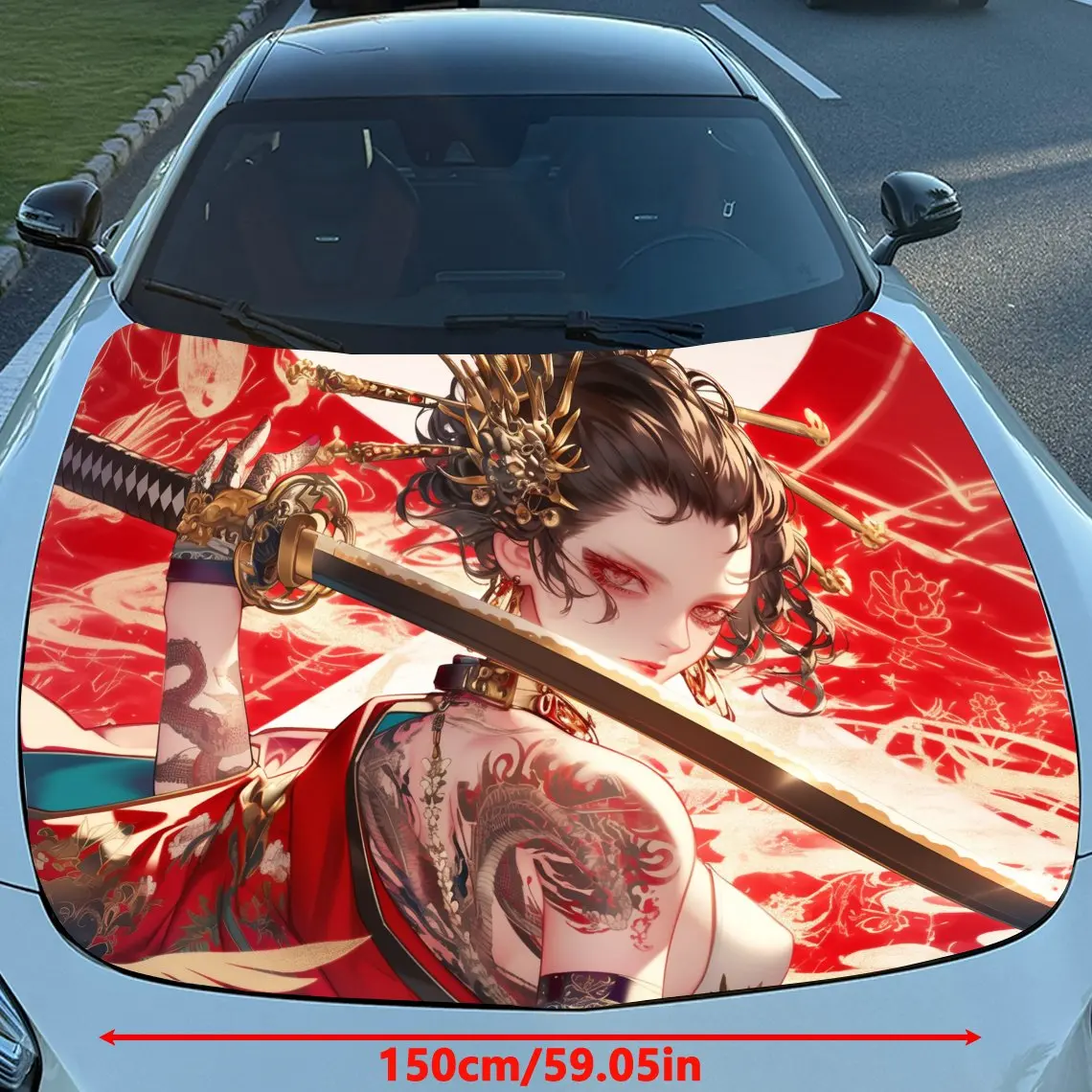 Cool Tattoo Geisha Auto-Vinylfolie, wasserdichter PVC-Autohaubenaufkleber, selbstklebende, kratzfeste Aufkleber für die Motorabdeckung, C