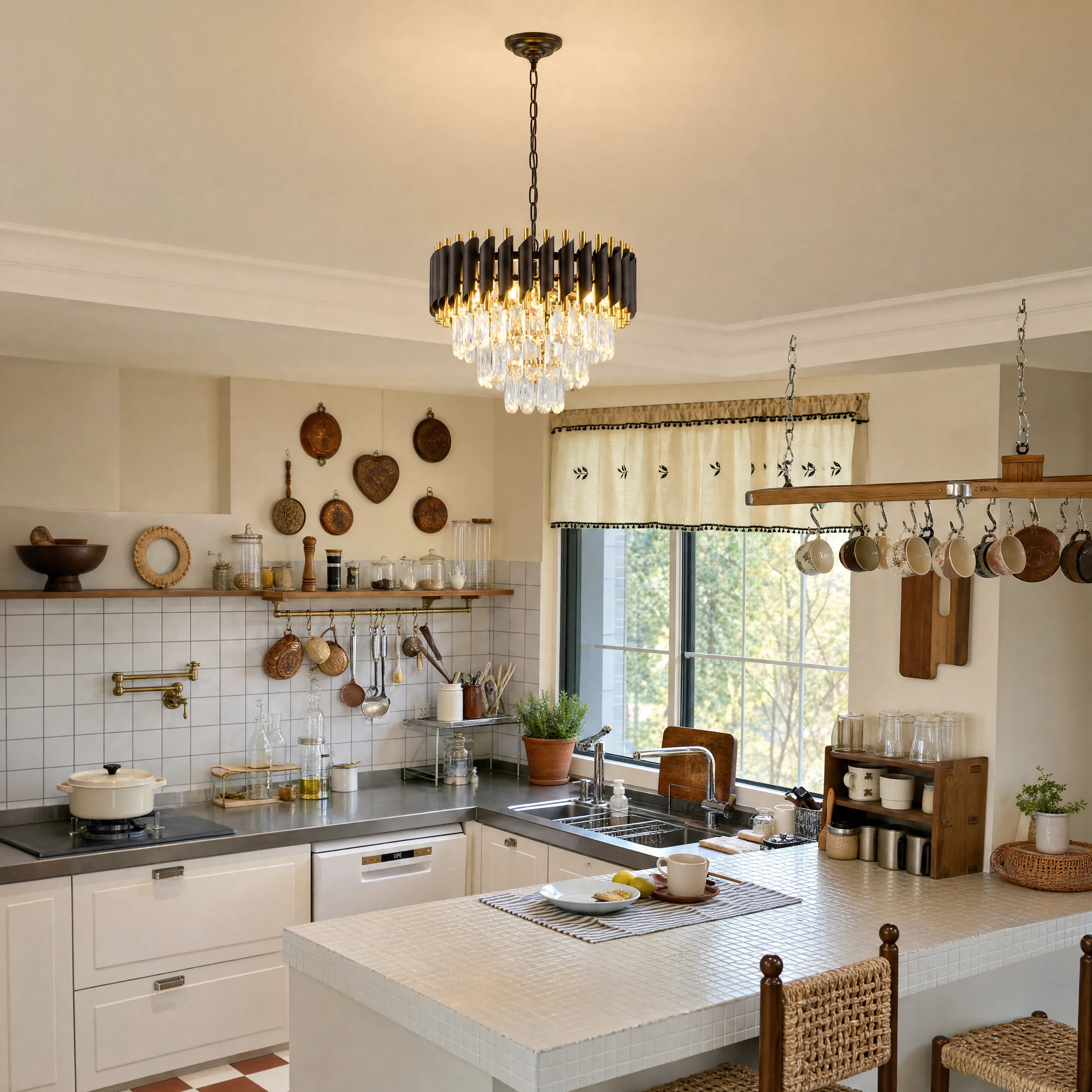 Modern Black and Gold Crystal Chandelier, Luxury K9 Crystal Dining Room Chandelier Light Fixture, Adjustable Chain Hanging Pendant Ceiling Light for Living Room Bedroom Foyer Entryway Kitchen Island Hallway