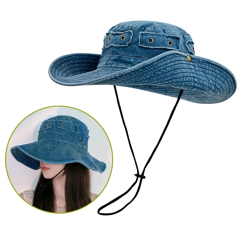 Cowboy Bucket Hat with String Men Denim Beach Sun Hat for Women Outdoor Hiking Fisherman Hat