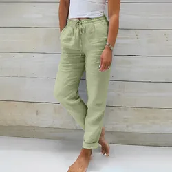 2024 Summer Women Casual Beach Pants With Pocket Breathable Cotton Linen Wide Leg Loose Trousers Baggy Harem Pantalones De Mujer