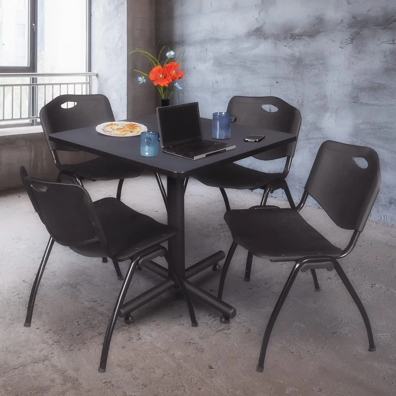 Kobe 42-Inch Square Breakroom Table, Grey, And 4 M Stack Chairs, Black