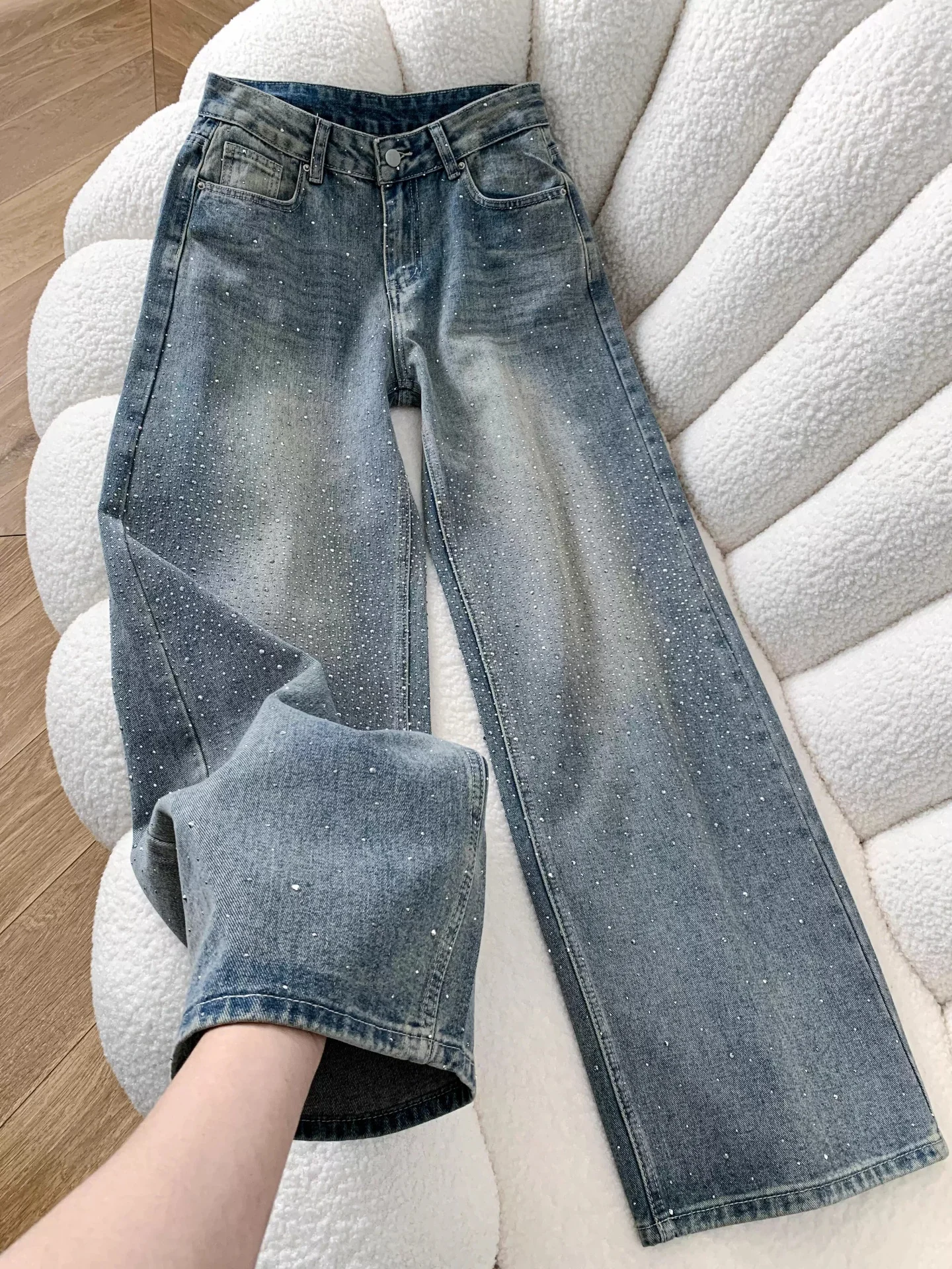 

High Waist Wide Leg Denim Jeans Women's Spring New Loose Slimming Flash Casual Floor-Length Pants Glittering Diamond Studded