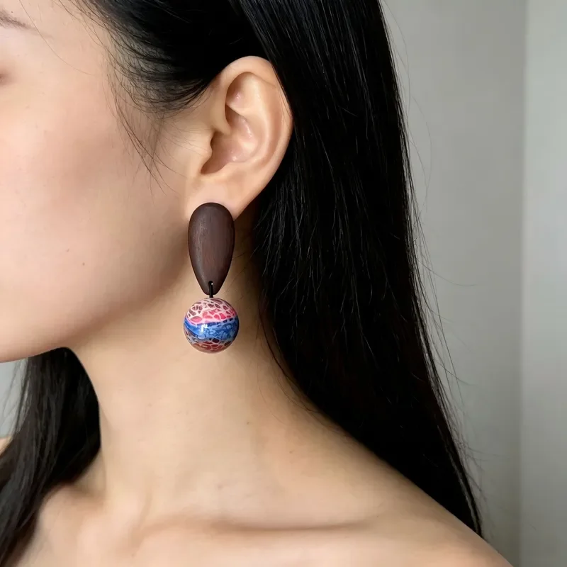 Natural ebony large lacquer round bead earrings, national style hand-painted gilt light luxury pattern, long contrasting