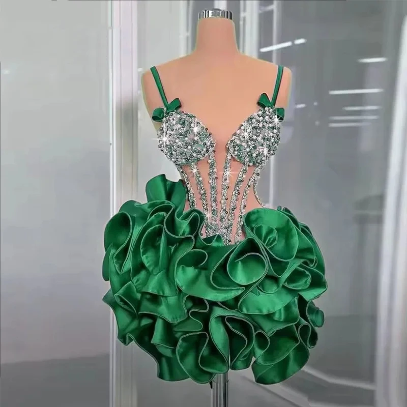 Mini robe de bal de Cocktail en diamant scintillante, personnalisée, avec nœud en V, Sexy, adaptée aux fêtes d'anniversaire et aux robes de retour