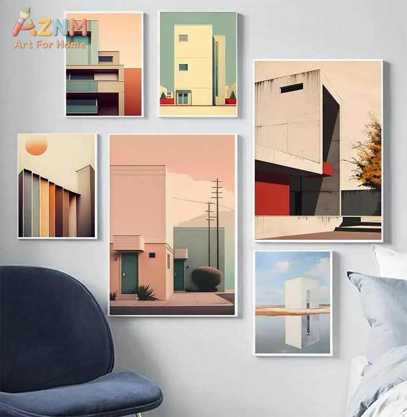 AZNM Minimalist Geometric Building Canvas Wall Art Pastel Modern Architecture Abstract City Print Unframed Canvas Painting For L